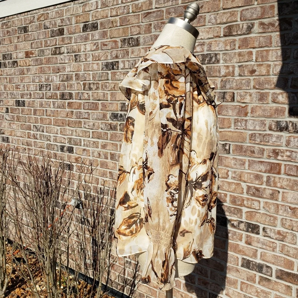 EUC ST. JOHN Silk Pleated Layer Top Brown/Cream 8 - Picture 4 of 7